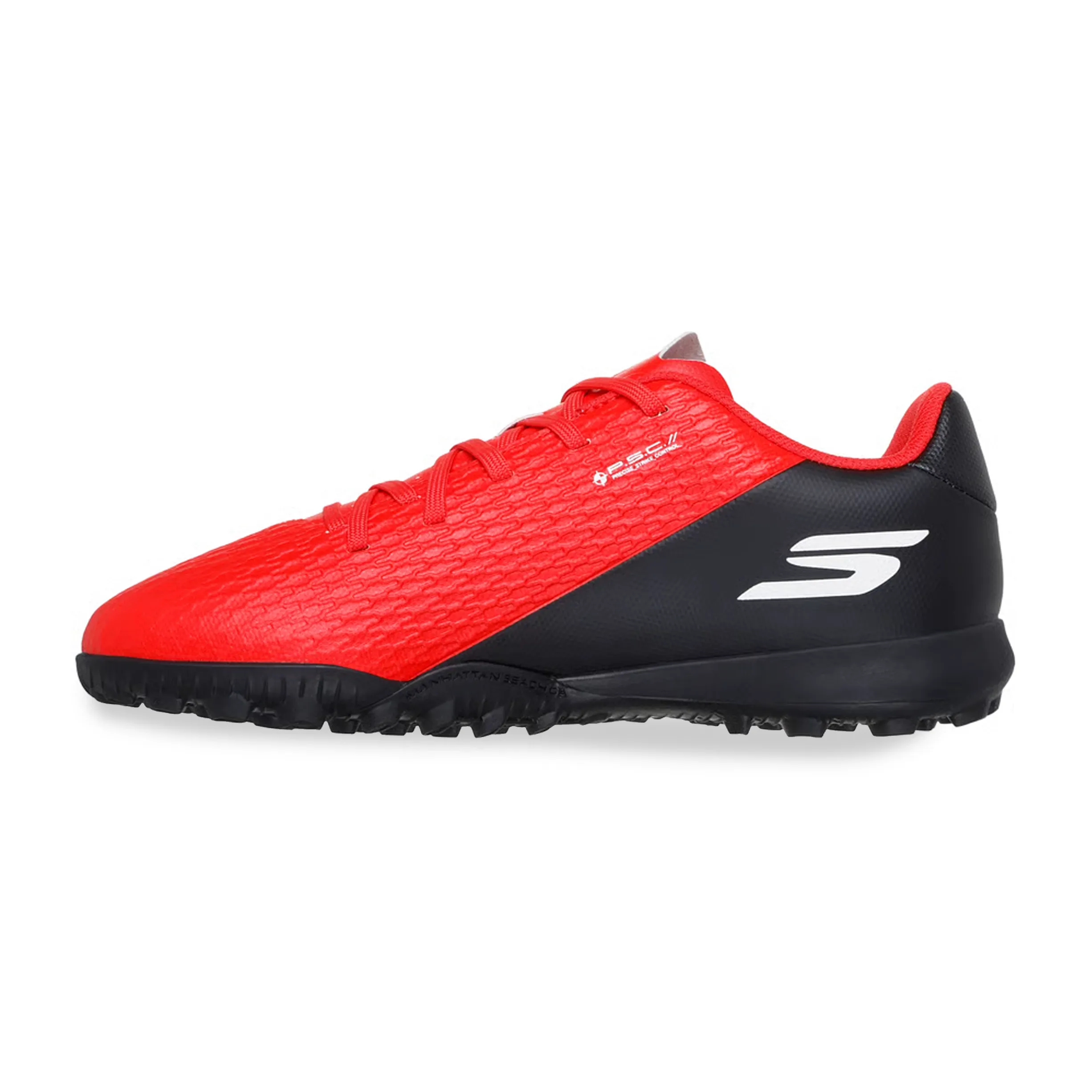 Detalhe lateral da chuteira juvenil Skechers vermelho e preto com logo e cadarço